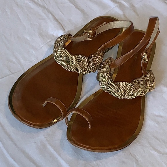 Michael Kors Collection Gold and Brown Braided chain mail and leather Sandal 8.5 - Picture 1 of 15